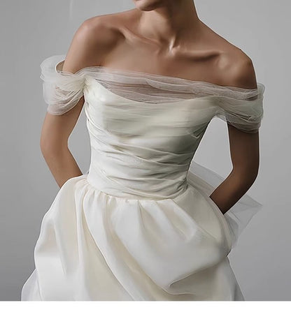 Off-Shoulder Plain Mesh Panel Asymmetrical Mini A-Line Wedding Dress