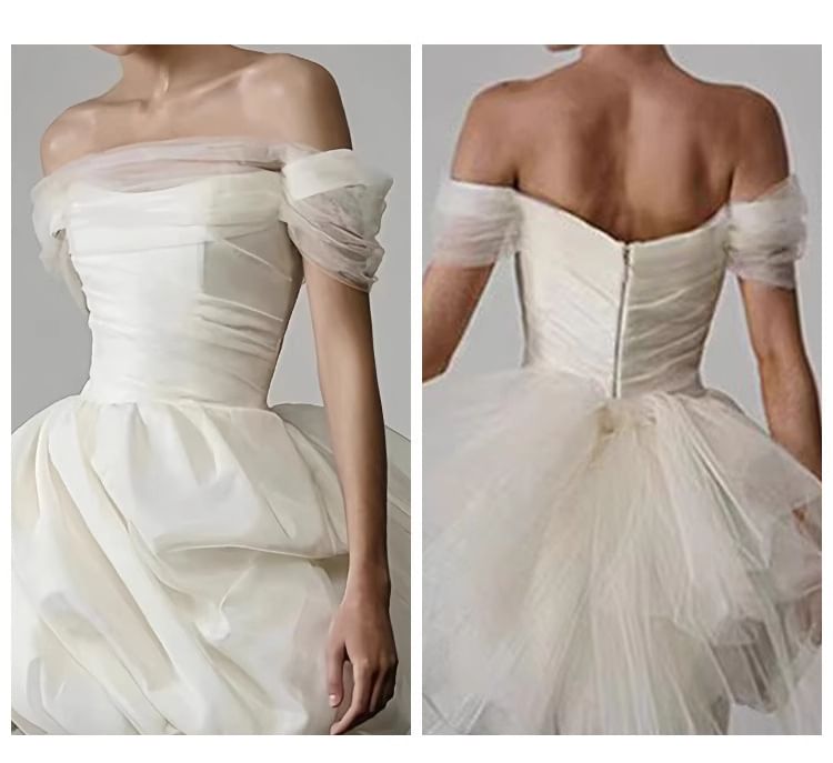 Off-Shoulder Plain Mesh Panel Asymmetrical Mini A-Line Wedding Dress