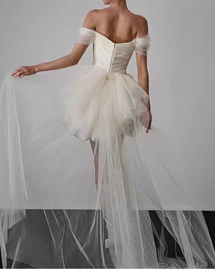 Off-Shoulder Plain Mesh Panel Asymmetrical Mini A-Line Wedding Dress