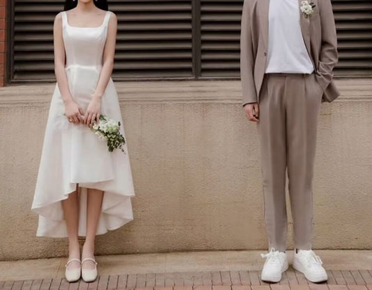 Sleeveless Square Neck Plain Asymmetrical A-Line Wedding Dress