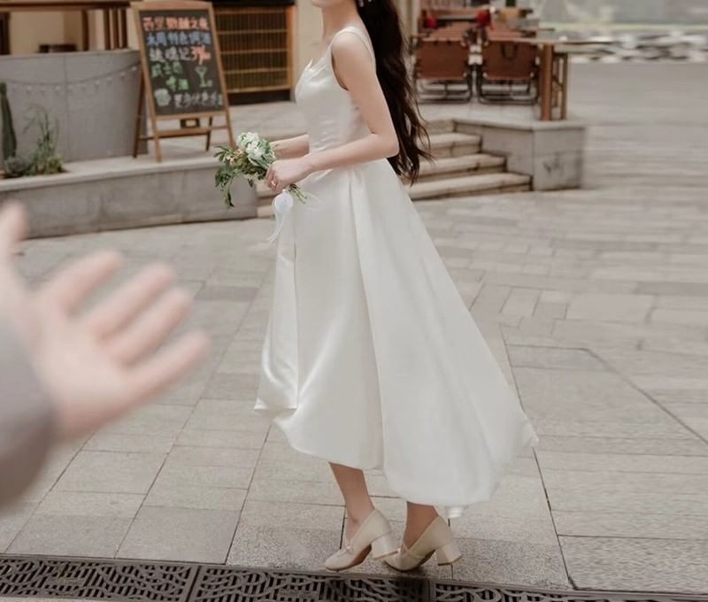 Sleeveless Square Neck Plain Asymmetrical A-Line Wedding Dress