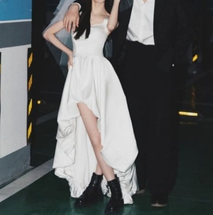 Sleeveless Plain Asymmetrical A-Line Wedding Dress