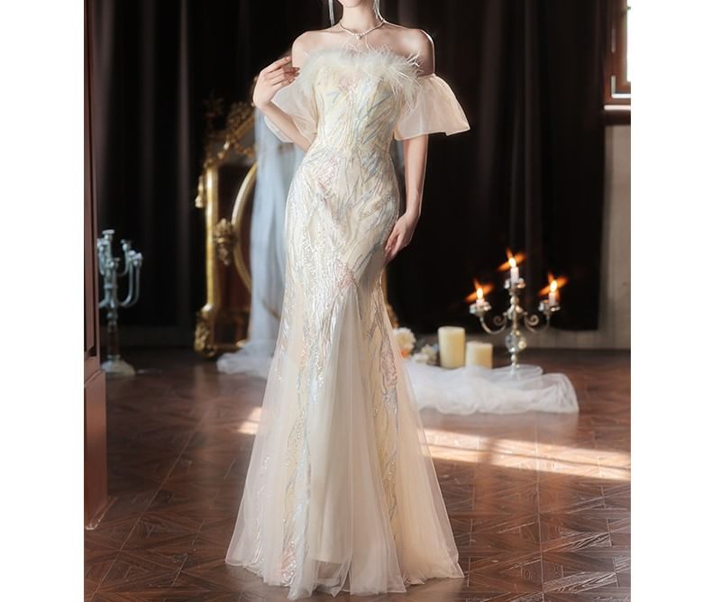 Strapless Patterned Mermaid Evening Gown