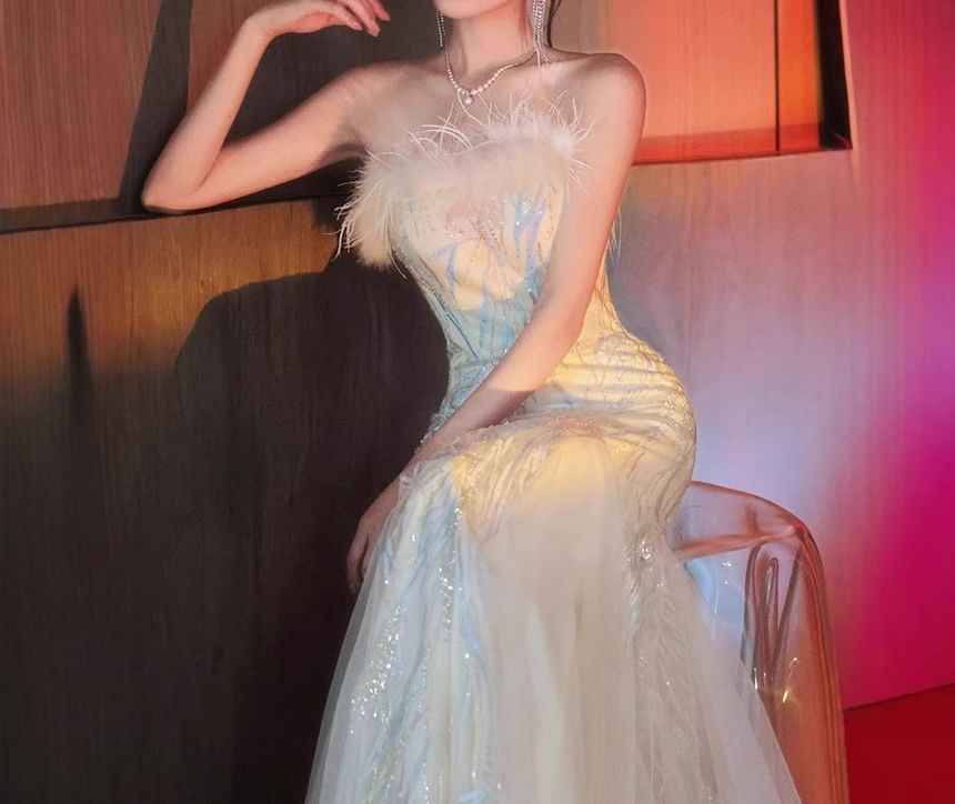 Strapless Patterned Mermaid Evening Gown