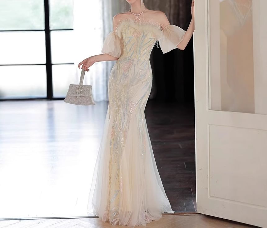 Strapless Patterned Mermaid Evening Gown
