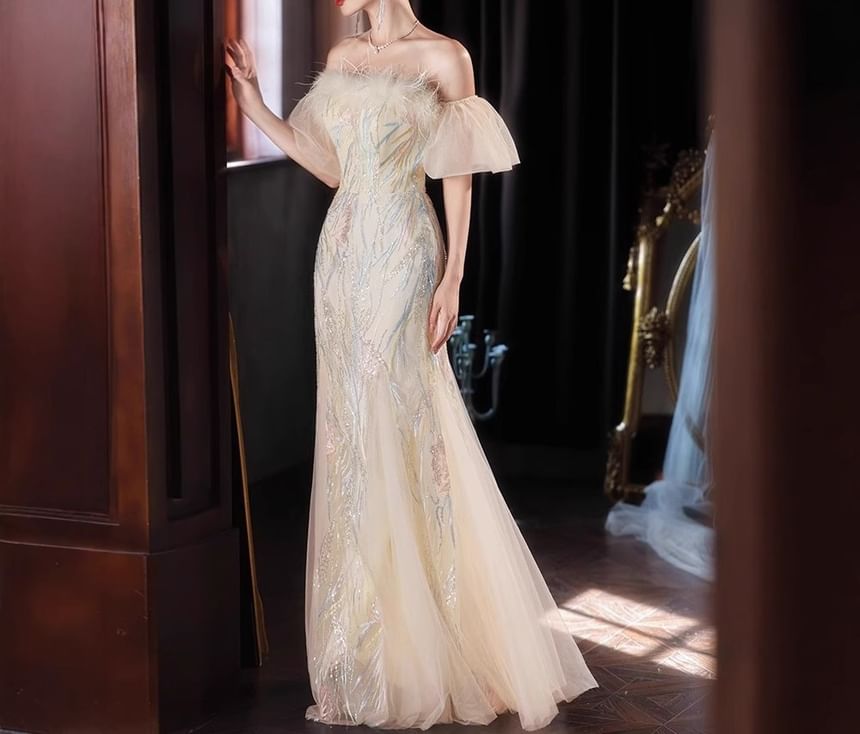 Strapless Patterned Mermaid Evening Gown