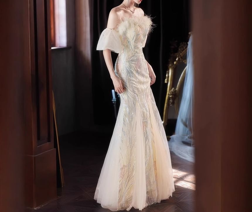 Strapless Patterned Mermaid Evening Gown