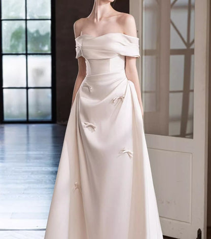 Short-Sleeve Off Shoulder Plain A-Line Wedding Gown