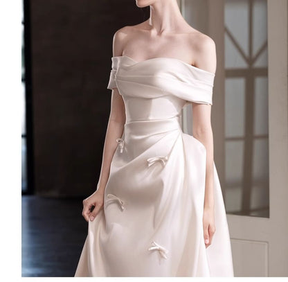 Short-Sleeve Off Shoulder Plain A-Line Wedding Gown