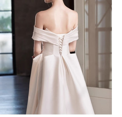 Short-Sleeve Off Shoulder Plain A-Line Wedding Gown