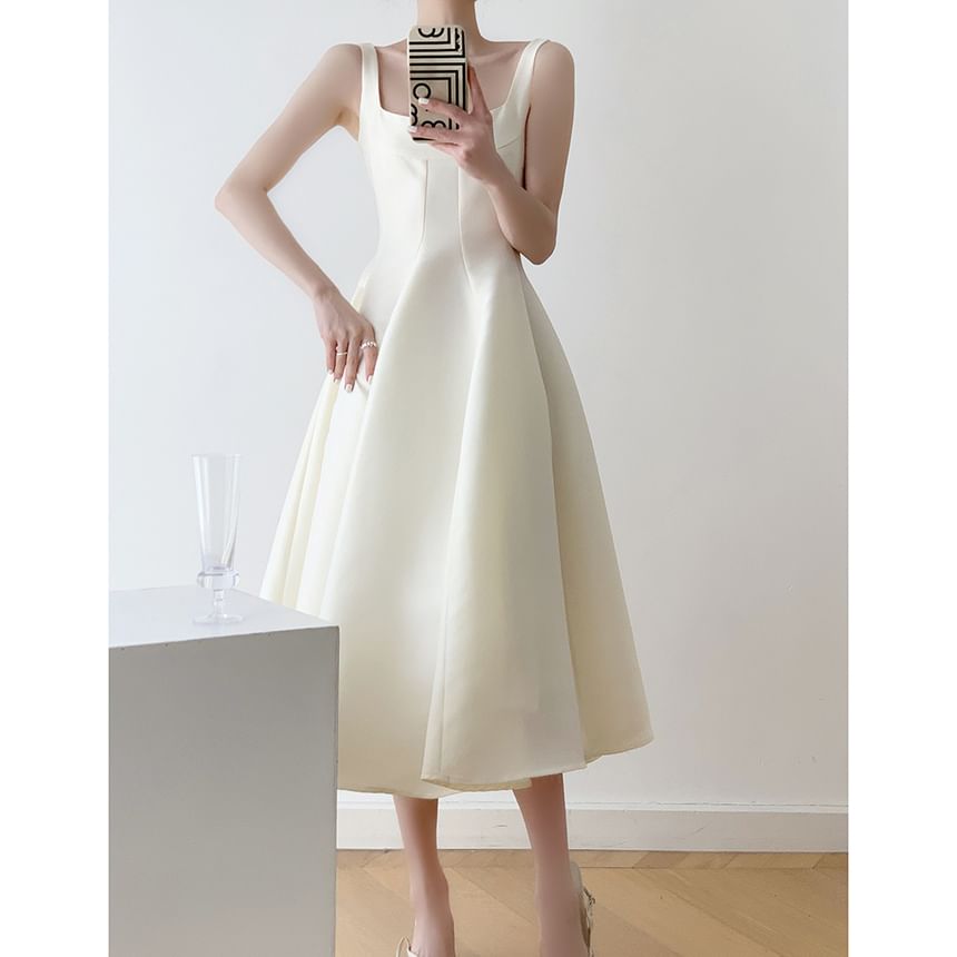 Sleeveless Square Neck Plain Midi A-Line Evening Dress