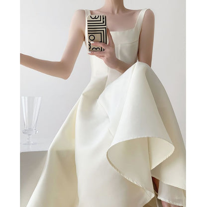 Sleeveless Square Neck Plain Midi A-Line Evening Dress