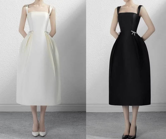 Sleeveless Square Neck Plain Midi A-Line Wedding Dress