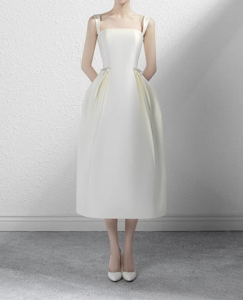Sleeveless Square Neck Plain Midi A-Line Wedding Dress