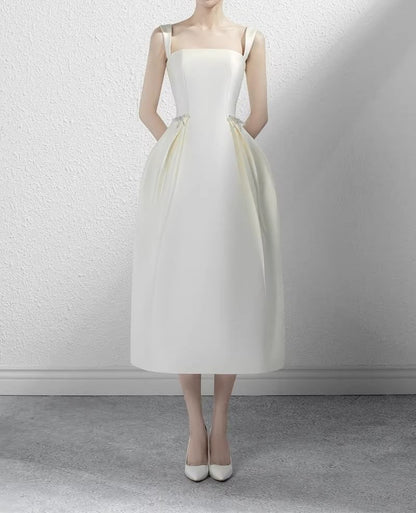 Sleeveless Square Neck Plain Midi A-Line Wedding Dress
