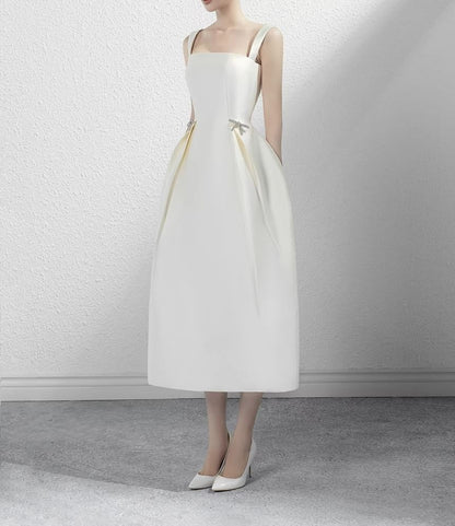 Sleeveless Square Neck Plain Midi A-Line Wedding Dress