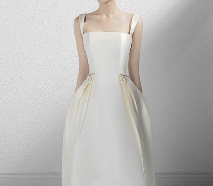 Sleeveless Square Neck Plain Midi A-Line Wedding Dress