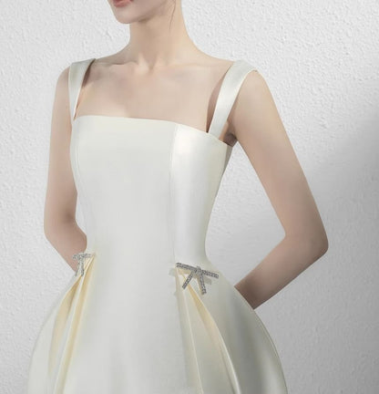 Sleeveless Square Neck Plain Midi A-Line Wedding Dress