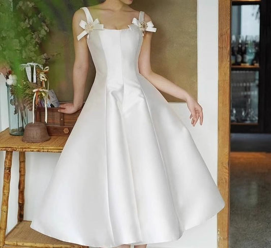 Sleeveless Floral Accent Plain Midi A-Line Wedding Dress