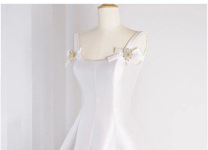 Sleeveless Floral Accent Plain Midi A-Line Wedding Dress