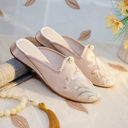 Floral Embroidered Faux Pearl Mules