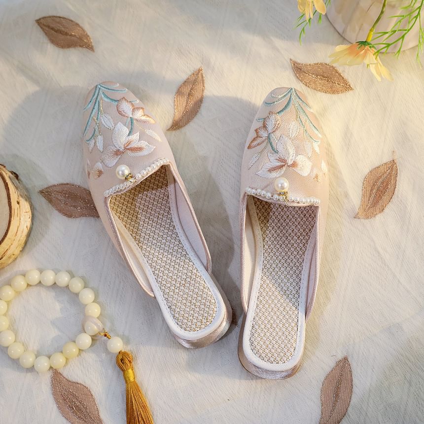 Floral Embroidered Faux Pearl Mules
