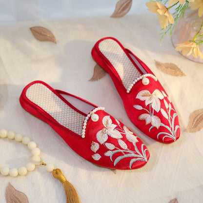 Floral Embroidered Faux Pearl Mules