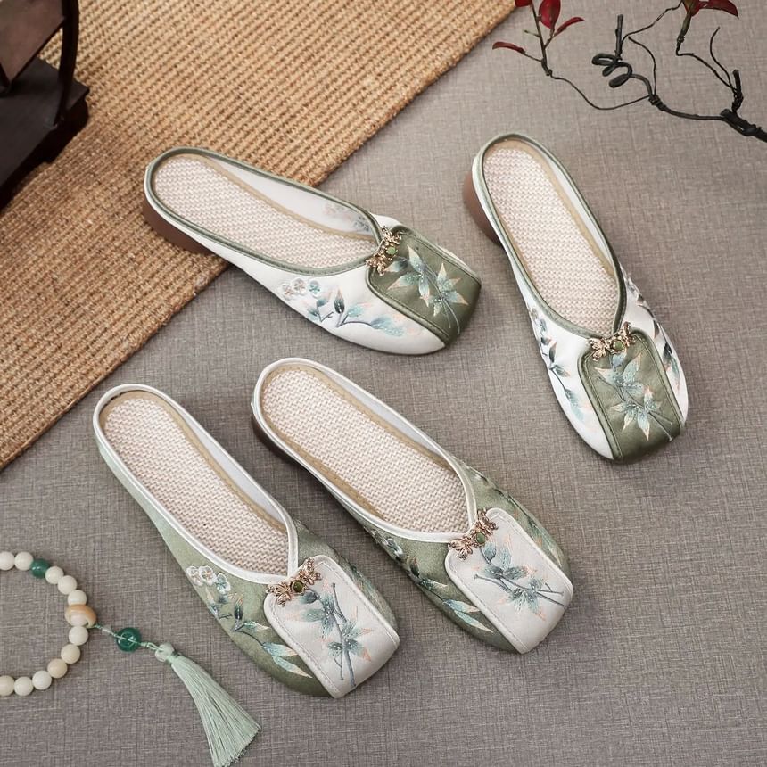 Floral Embroidered Panel Mules