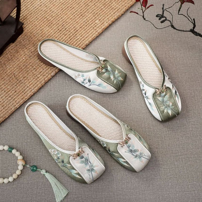 Floral Embroidered Panel Mules