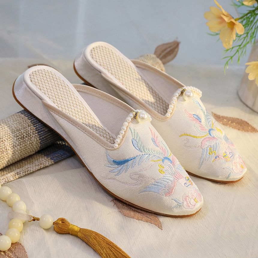 Embroidered Faux Pearl Mules