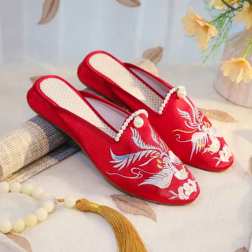 Embroidered Faux Pearl Mules
