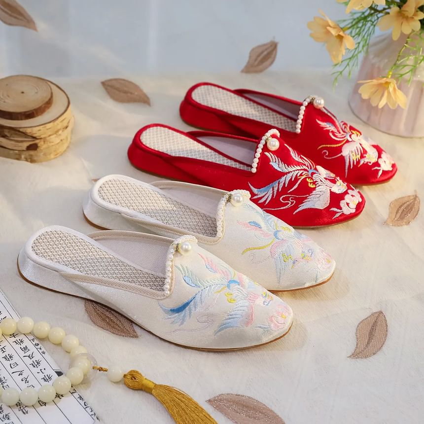 Embroidered Faux Pearl Mules