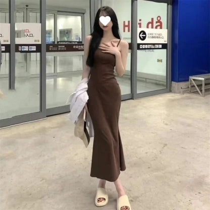 Plain Midi Mermaid Dress with Spaghetti Straps