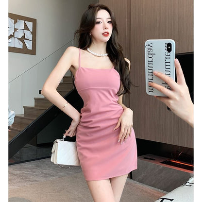 Plain Shirred Mini Bodycon Dress with Spaghetti Straps