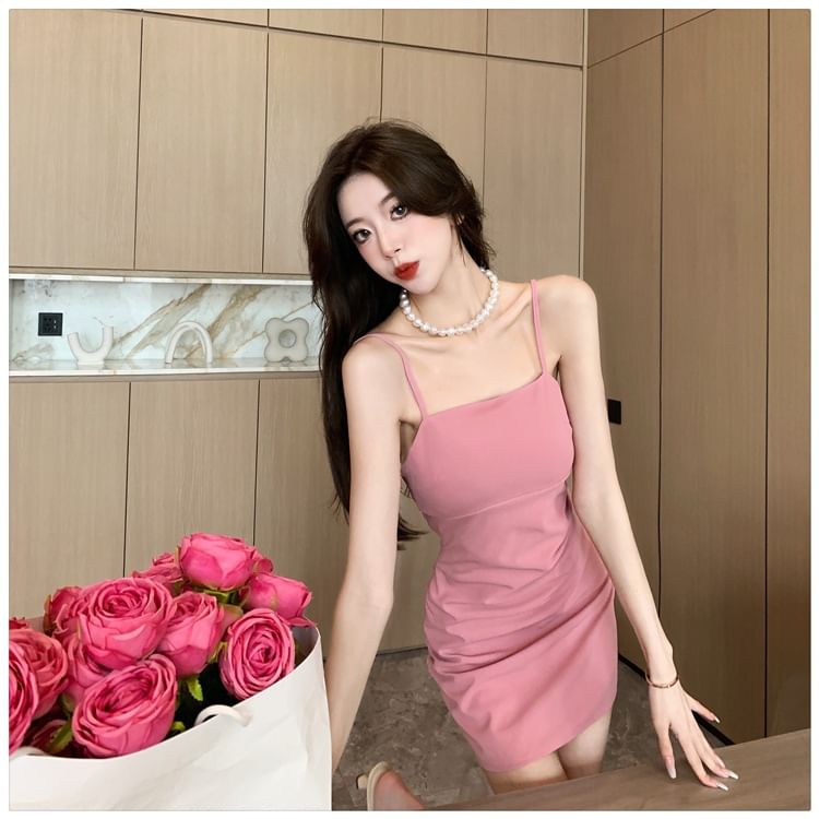 Plain Shirred Mini Bodycon Dress with Spaghetti Straps