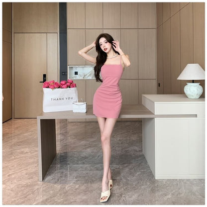 Plain Shirred Mini Bodycon Dress with Spaghetti Straps