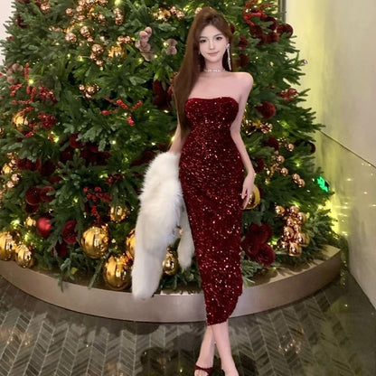 Plain Sequin Midi Sheath Tube Cocktail Dress