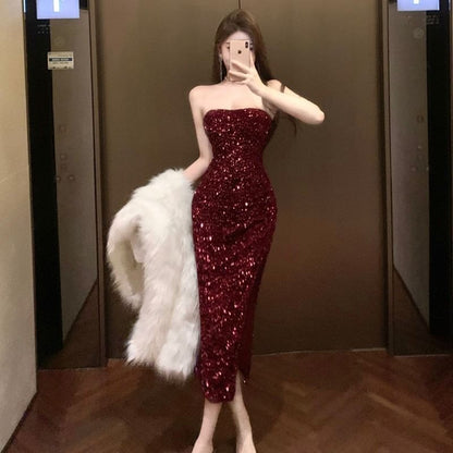 Plain Sequin Midi Sheath Tube Cocktail Dress