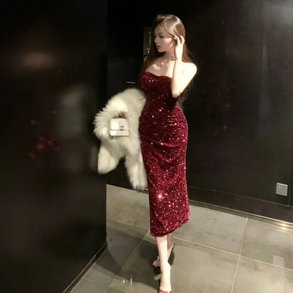 Plain Sequin Midi Sheath Tube Cocktail Dress