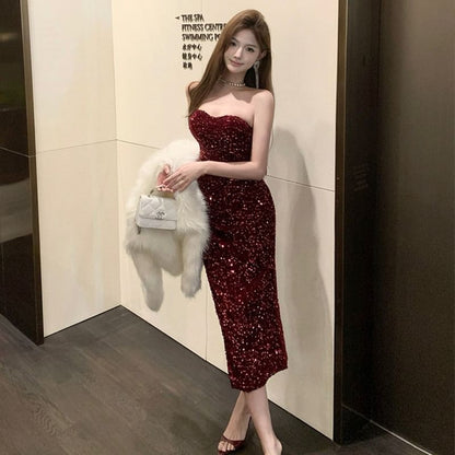 Plain Sequin Midi Sheath Tube Cocktail Dress