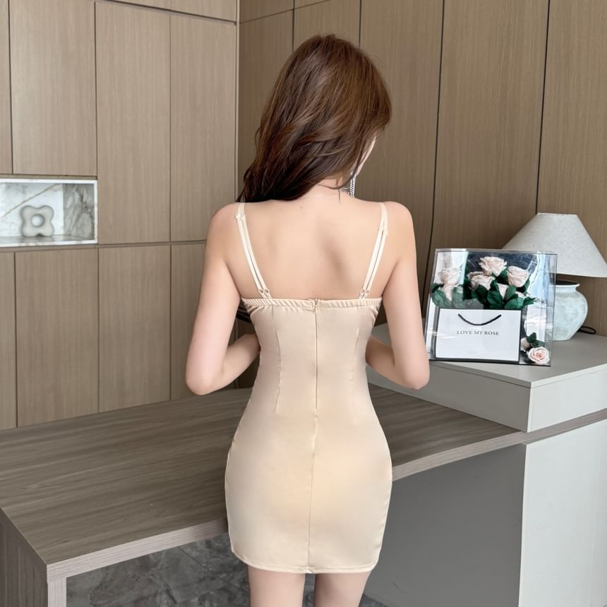 Ruched Slit Mini Sheath Wrap Dress V-Neck Spaghetti Straps