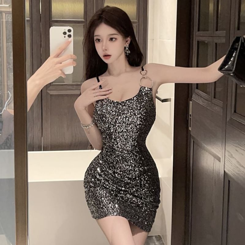 Asymmetrical Strap Sequin Mini Sheath Cocktail Dress