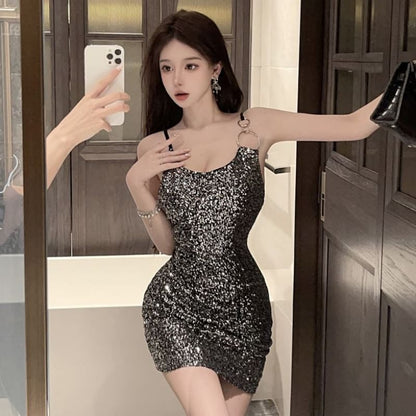 Asymmetrical Strap Sequin Mini Sheath Cocktail Dress