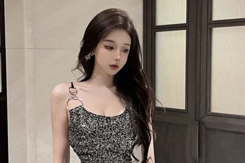 Asymmetrical Strap Sequin Mini Sheath Cocktail Dress