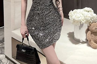 Asymmetrical Strap Sequin Mini Sheath Cocktail Dress
