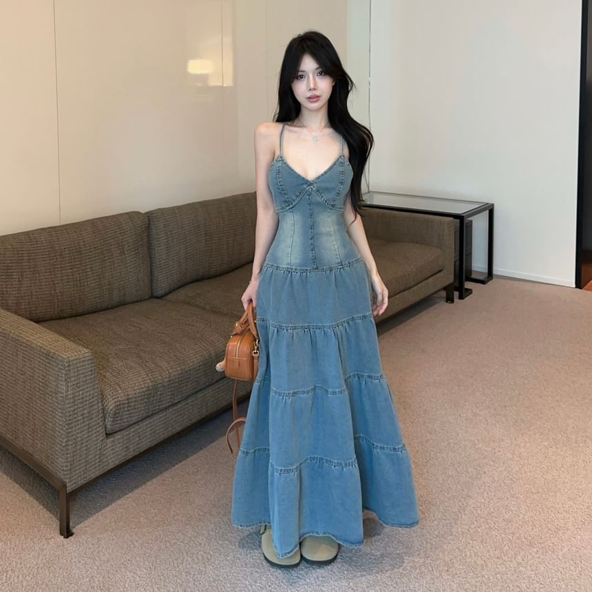 Washed Tiered Panel Maxi A-Line Denim Dress V-Neck