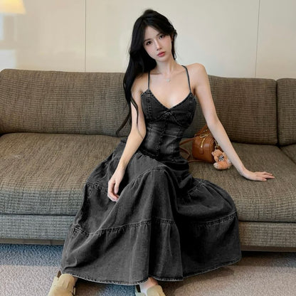 Washed Tiered Panel Maxi A-Line Denim Dress V-Neck