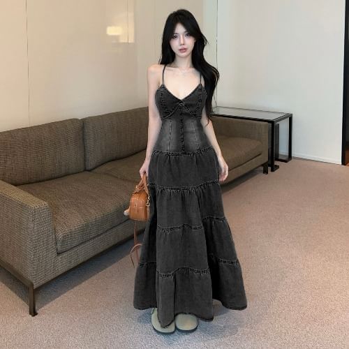 Washed Tiered Panel Maxi A-Line Denim Dress V-Neck
