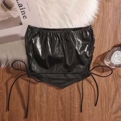 Faux Leather Lace-Up Tube Top - Plain Style