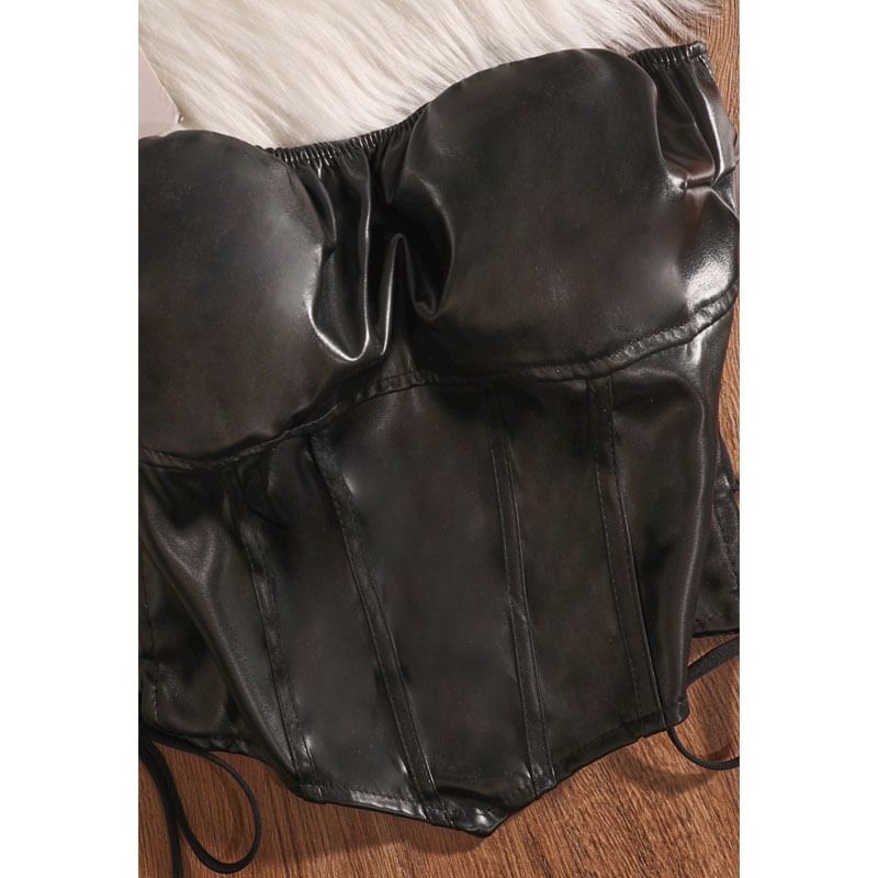 Faux Leather Lace-Up Tube Top - Plain Style